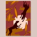 African nature art with animals and trees, black panther silhouettes jump among leaves Royalty Free Stock Photo