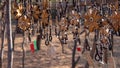 African necklaces shaped like flowers made from seeds and beads on display at an outdoor market in Namibia, Africa. Background out Royalty Free Stock Photo