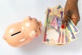 African Nigerian woman holding Nigerian Naira in white background with piggy bank