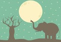 African night with elephant silhouette cute cartoon illustration