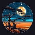 an african night scene with trees and a full moon