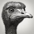 African ostrich head portrait, black and white drawing,