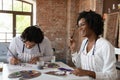 African painter woman with groupmate painting, attend in art class Royalty Free Stock Photo