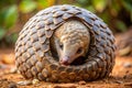 African Pangolin Curled Up on Desert Ground, Protected Wildlife Background Royalty Free Stock Photo