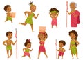 African People Characters with Kids in Traditional Tribal Clothing Vector Set Royalty Free Stock Photo