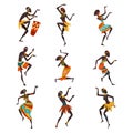 African People Dancing Folk or Ritual Dance Set, Aboriginal Dancers in Bright Traditional Ethnic Clothing Vector