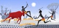 African people with spears hunt wild animals in abstract geometric landscape of Africa