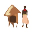 African people vector illustration. Black women in skirt and hut in Africa, poverty in world. Manual labor, agriculture Royalty Free Stock Photo