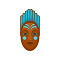 African or polynesian mask painted with blue color. Ethnic symbol of voodoo people. Flat vector for banner or poster of