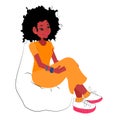 African pretty woman sitting on the chair bag in cartoon style. Vector