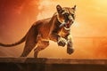 African puma cougar in the wild, in an aggressive predatory leap at sunset. AI generated.