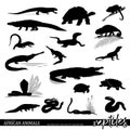 African reptile silhouettes set with wildlife scenes. Royalty Free Stock Photo