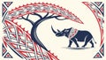 African Rhino Under Tree, Tribal Decorative Border, vector design Generative AI Royalty Free Stock Photo