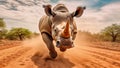 African rhinoceros charges with incredible speed African savannah. Generative AI