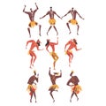 African Ritual Dance, People Dancing Wearing Traditional Costumes Cartoon Style Vector Illustration