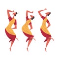 African Ritual Dance, Three Young Women Dancing Wearing Traditional Costumes Cartoon Style Vector Illustration