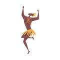 African Ritual Dance, Young Man Dancing Wearing Traditional Costume Cartoon Style Vector Illustration