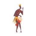 African Ritual Dance, Young Man Performing Folk Dance with Drum Wearing Traditional Costume Cartoon Style Vector