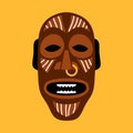 African ritual mask. Flat vector illustration in bright colors on yellow.