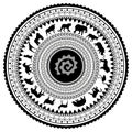 African round frame pattern with animal silhouettes, black and white colors.