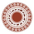 African round frame pattern with animal silhouettes, dark red colors on white background.