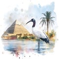 African Sacred Ibis Standing in Front of the Great Pyramid of Giza Watercolor Painting Royalty Free Stock Photo