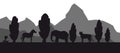 African safari animal silhouette landscape elephants, giraffes, tiger and cobra, vector illustration. Black and white Royalty Free Stock Photo