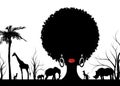 African safari animal silhouette landscape scene and portrait African woman, Safari concept. traditional curly afro hair Royalty Free Stock Photo