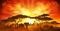 African Safari Animal Silhouettes Landscape Scene
