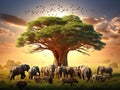 Ai Generated illustration Wildlife Concept of African Safari Animals Meeting Together Around Tree