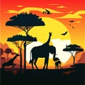 African safari background with elephant and giraffe silhouettes. Vector illustration Generative AI Royalty Free Stock Photo