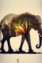 African safari background with silhouette of elephant and tree. Digital painting. Royalty Free Stock Photo
