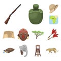 African Safari cartoon icons in set collection for design. Trophies and equipment for Safari vector symbol stock web