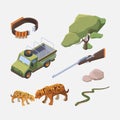 African safari isometric. Wild animals people and tourist transport africans hunters garish vector collection