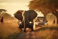 African safari in Kenya, Africa. Tourists with an elephant on the road, AI Generated