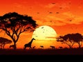 Ai Generated illustration Wildlife Concept of African Safari Sunset Silhouette Scene Royalty Free Stock Photo