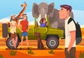 African Safari Travel, Tourists in Jeep Watching and Taking Photos of Wild Animals in Savanna Cartoon Vector