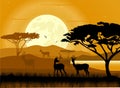 Africa landscape background. African animals and moon rise