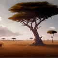 African savanna landscape, African wildlife cartoon with green trees, rocks Royalty Free Stock Photo