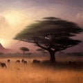 African savanna landscape, African wildlife cartoon with green trees, rocks Royalty Free Stock Photo