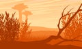African savanna silhouette with tree branch, tall shrub and baobabs. Royalty Free Stock Photo
