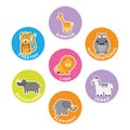African savanna wild animals collection. Set of 7 cartoon characters in the circle with name labels. Vector illustration Royalty Free Stock Photo