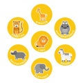 African savanna wild animals collection. Set of 7 cartoon characters in the circle with name labels. Vector illustration Royalty Free Stock Photo