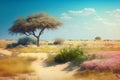 African savannah with acacia tree, sand dunes and blue sky Royalty Free Stock Photo