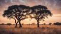 African savannah with acacia trees at sunset