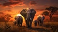 African savannah a herd of elephants acacia sunset sun_006