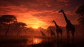 African savannah a herd of giraffes acacia orange suns_009