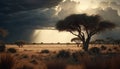 African savannah landscape with acacia trees and stormy sky. Generative AI Royalty Free Stock Photo