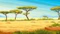 African savannah landscape, green trees, mountains