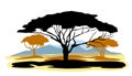 African savannah landscape. Silhouette picture. Africa acacia tree. Isolated on white background. Vector. Royalty Free Stock Photo